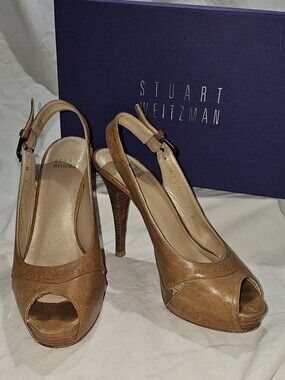 Stuart Weitzman Aperture Toffee Leather Platform Slingback Peep Toe Heels Box 6